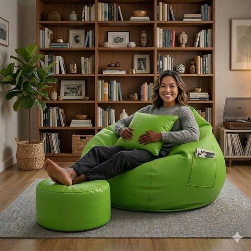 Image of IVIKA Bean Bag with Stool & Cushion | XXXXXL Size Premium Leatherette Bean Bag for Gaming, Living Room & Bedroom (5XL - Green)