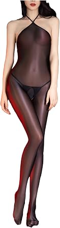 Linjinx Women Sexy Sheer Transparent Open Crotch Bodystockings Halter Tight Bodysuit Silky Jumpsuit
