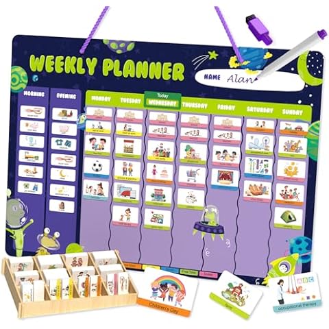 Weekly Planner for Kids - Magnetic Behavior Board Calendar with 237 Magnets, Storage Box, Easels, Hooks, Cord & Pen - Daily Routine and Chore Chart - Visual Schedule for Kids 3+ Year Old (Space Theme) Cover