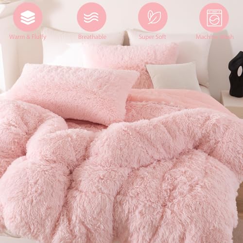 Image of Pink Fluffy Comforter Sets Full Size 3 Pieces Faux Fur Fluffy Bedding Set for Girls Warm Velvet Plush Fuzzy Bed Set for Kids Teens(Blush Pink, Full)