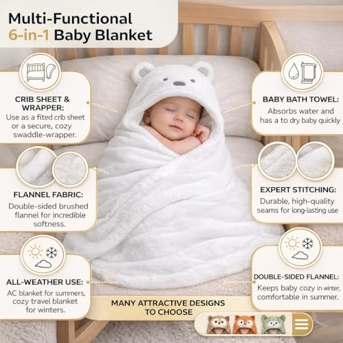 Image of First Kick New Born Baby Blanket Pack of Super Soft Bathrobe Wrapper Bath Towel for Boys, Girls, Babies (White Puppy, Length 82 cm x Width 82 cm, 0-12 Months)