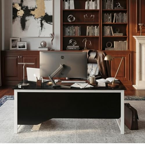Image of Executive Director Desk | Office Table | Manager Cabin Work Desk with Modesty Panel & Cable Grommet | Sturdy Metal Frame | Black Top & White Base | DIY Installation