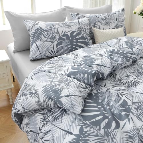 Image of MUXHOMO Black&Grey Bed in a Bag Queen 7 Pieces, Queen Comforter Set Reversible Botanical Flowers Design, Ultra Soft & Breathable Bedding Sets with Comforter, Sheets, Pillowcases & Shams