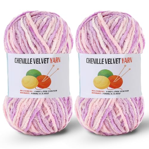 Image of 2 * 100g /3.5oz Fluffy Chenille Yarn for Crocheting, Chunky Velvet Yarn for Crochet Amigurumi, Used for Making Baby Yarns Blanket, Clothes, Pattern Knitting Creations (Pastel Purple)