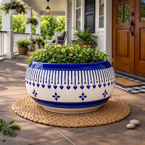 Image of Niyara Large Ball Shape Ceramic Planter Pot with Blue Floral Print | Decorative Indoor & Outdoor Plant Pot (Set of 1)