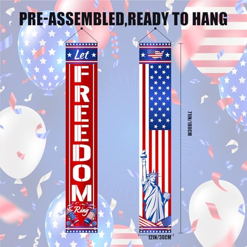 Image of 4th of July Decorations Outdoor Patriotic Memorial Day Decor, American Flag Banner Stars and Stripes Porch Sign for Memorial Independence Veterans Labor Day Party Supplies Red White Blue