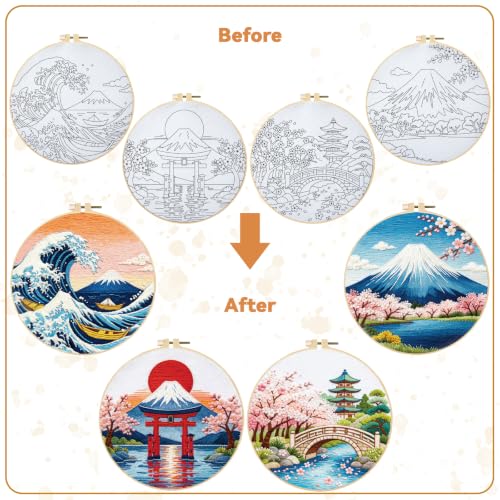 Image of BEUNITONE 4 Pcs Embroidery Kit for Beginner, Ukiyo-e Style Landscape Wave Pattern Embroidery Materials, Cross Stitch Set with Cloth, Thread, Needle and Hoop Tools for Friendship Gift and Home Decor