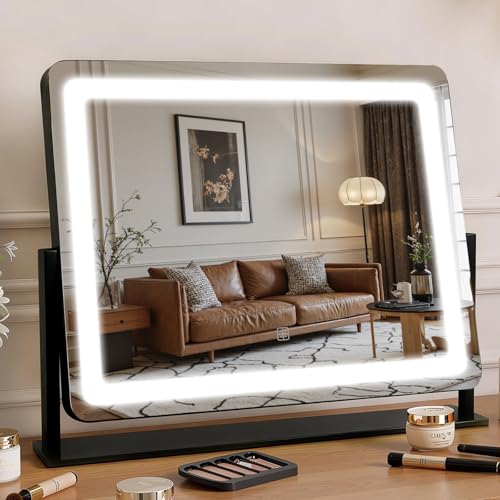Bearolve Vanity Mirror with Lights 2217 Large LED Makeup Mirror with Light Smart Touch with 3-Color Lighting Dimmable 360 Rotation HD Desk Mirror Vanity Mirror Tabletop (Black)