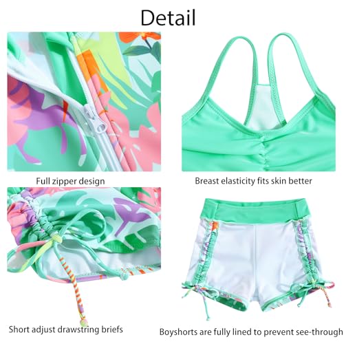 Image of Funnycokid Girls Swimsuit 3 Pieces Zip Rash Guard Bathing Suits Set Kids Bikini Boyshort Summer Swimwear 3-14 Years