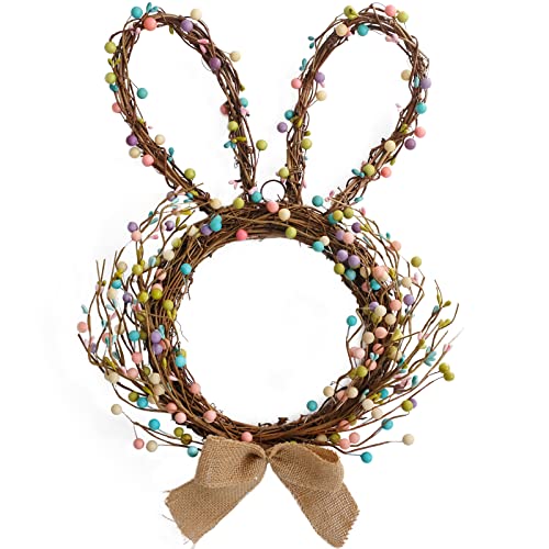 TEMPUS Easter Bunny Spring for Front Door Wreath Blossom Rabbit Wreath with Berries for Easter Home Farmhouse Outdoor Indoor Wall Mantel Window Decor
