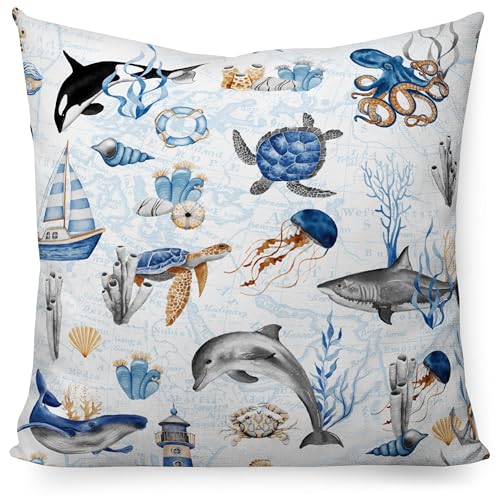 PinkZebra Kopfkissenbezug Kinder, Kissenbezug 80 x 80 cm aus 100% Baumwolle, Kissenhülle Jungen, Öko-tex Standard 100, Kinderbezüge mit Reißverschluss, Ocean