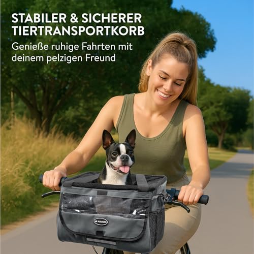 Navaris Hundekorb Fahrrad vorne - Hundefahrradkorb vorn - Fahrradkorb Hund - Für Hunde bis zu 10 kg - Praktische Zusatztaschen - Fahrradkorb Lenker mit Trageriemen - Grau