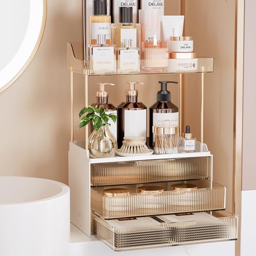 Image of Delamu 5-Tier Makeup Organizer, Bathroom Counter Storage, 3 Drawers, Amber