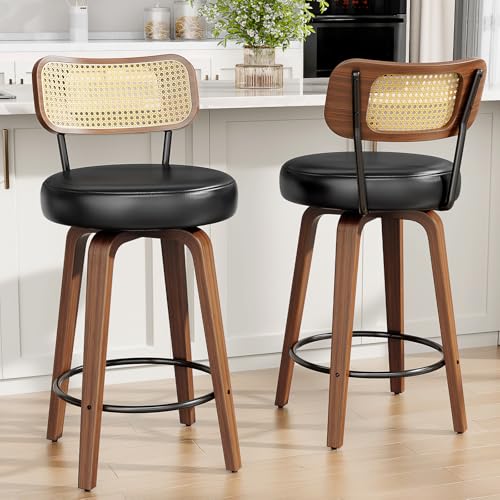 Image of YaFiti Swivel Bar Stools Set of 4, 26 inch Upholstered Barstools with Rattan Backs and Wood Legs, Modern PU Leather Counter Height Bar Chairs for Kitchen Island, Black