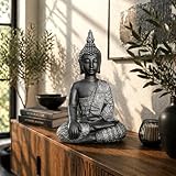 K&L Wall Art Sitzender Buddha Beton Grau Kunststein Feng Shui Deko Figur große Buddhastatue Garten Statue (45cm Höhe Silber schwarz)
