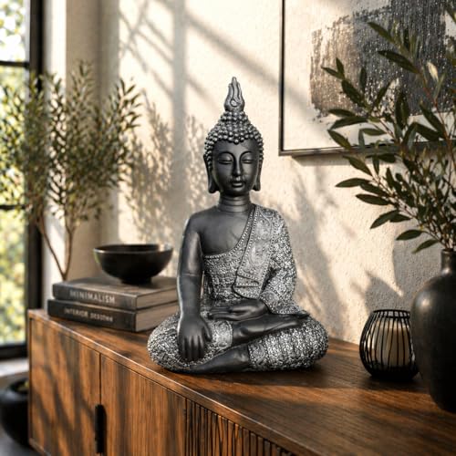K&L Wall Art Sitzender Buddha Beton Grau Kunststein Feng Shui Deko Figur große...