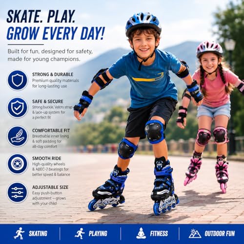 Image of Adjustable Inline Skates with Light-Up PU Wheels, Breathable Mesh Shoes, Double Buckle Strap, Rear Brake, Roller Skates for Kids, Boys & Girls 6-20 Year, Blue
