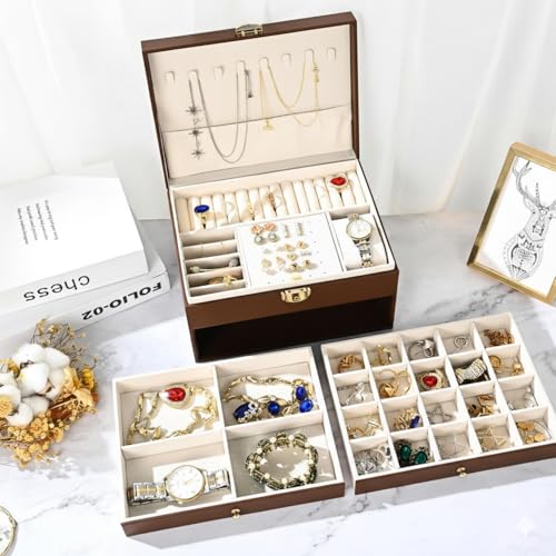 Image of Jewelry Box For Women Girl Wife 3 Layers Large Pu Leather Jewelry Organizer Storage Case With Two Drawers Display For Earrings Bracelets Rings Watches Design Jewelry Box, Jewelry Organizer (Brown)