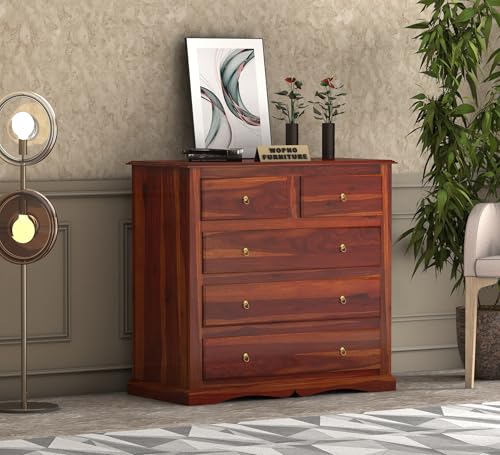 Image of Sheesham Wooden Chest of Drawer for Living Room | Solid Wood Dresser Storage for Bedroom with 5 Drawer | Rosewood Cabinet Storage (Honey)
