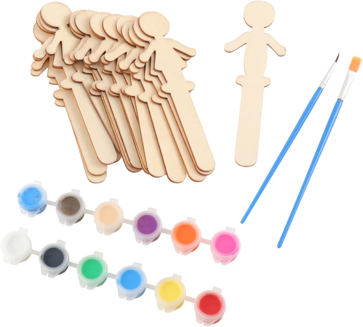 FOMIYES People Shaped Craft Sticks 32Pcs Wood Craft Sticks People Wooden Popsicle Sticks with Colors Pigment and Paintbrush for DIY Arts and Crafts Projects, Crafting Supplies