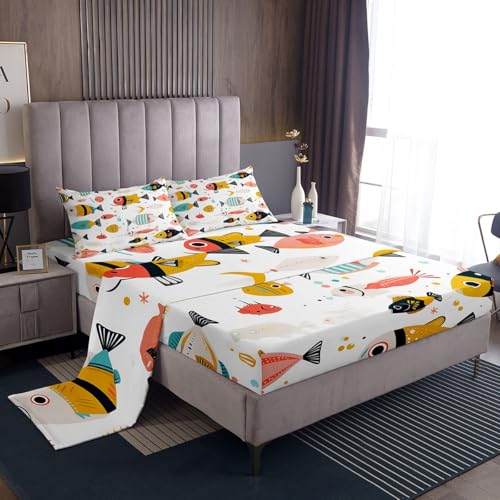 Image of jejeloiu Fish Bed Sheets Set Full Size Ocean Sea Animal Deep Pocket Fitted Sheet Colorful Bedding Sets Marine Theme Soft Bed Set 4Pcs with 2 Pillow Cases