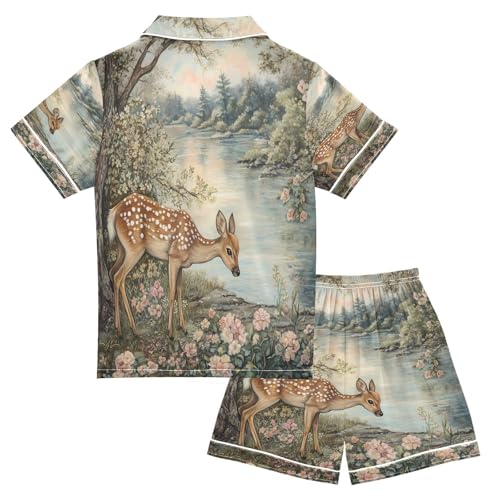 ALAZA Watercolor Deer Blossom Flower Art Satin Pajamas Set Short Sleeve Button Down Sleepwear Summer Pjs 2 Piece2