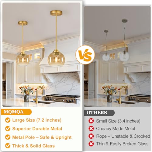 Image of MQMQA 2 Pack Gold Globe Pendant Lights, Mid Century Gold Pendant Light Fixtures, Amber Glass Pendant Lights Kitchen Island Adjustable Hanging Fixture for Dining Room (Bulbs not Included)