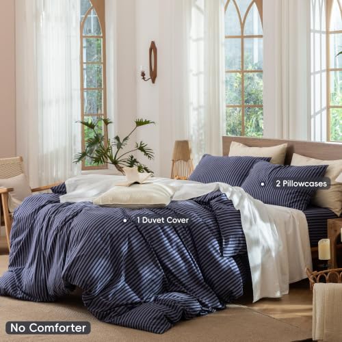 Image of MooMee Striped Duvet Cover Set 100% Washed Cotton Linen Like Queen | Relaxed Linen-like Texture. Soft, Breathable & Long-lasting Comfort. Lightweight. Hidden Zipper with 8 Interior Corner Ties