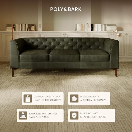 Image of Poly & BARK Essex 89 inch Full-Grain Italian Leather Sofa - Tufted Back, Feather-Down Comfort, Solid Wood Frame, Olivine Green