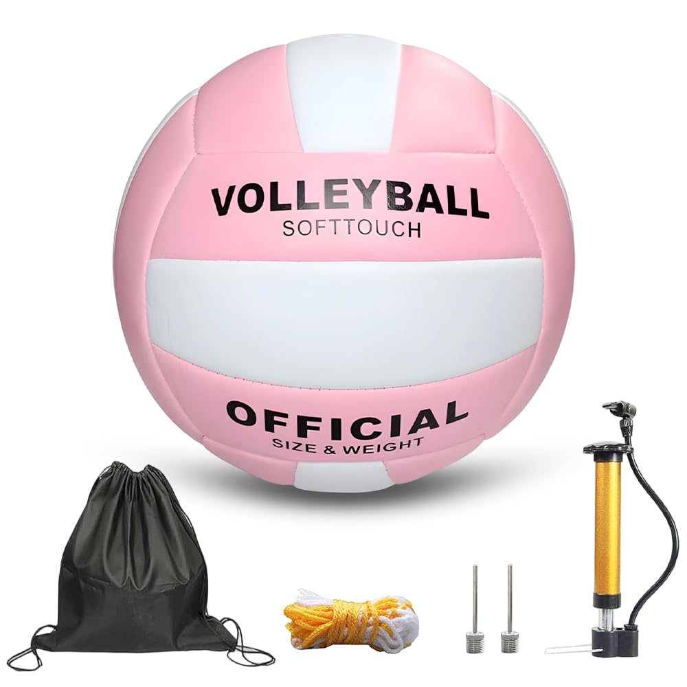 LUFEIS Volleyball Official Size 5, Super Soft & Waterproof Volleyballs with Pump and Storage Bag, Volleyball Training Ball for Indoor, Outdoor, Beach, Gym (Pink & White)