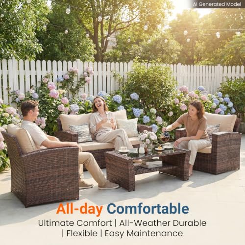 Image of Wisteria Lane 4 Piece Patio Furniture Set, Wicker Outdoor Patio Conversation Furniture Set, All Weather Outdoor Patio Sofa with Cushion and Wood Table, Brown and Beige
