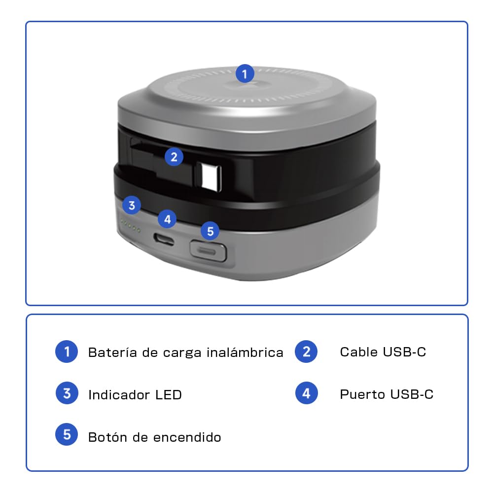 Batería Todo en Uno con Carga Magnética Inalámbrica 12000mAh | Triple Cable Extensible Integrado | Carga Rápida 45W PD para PC | Compatible con Apple Watch y Dispositivos Magnéticos（Plata）