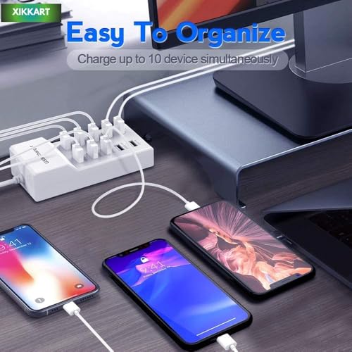 Image of USB Charger Hub, 10 Port Charging Station with Turbo Charging Auto Detect Technology Safety Guaranteed 10-Port USB Ports for Multiple Devices Smart Phone Tablet Smart Watch