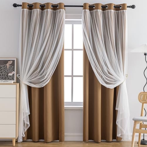 Image of Anytime Double Layer Blackout Curtains 2 Panels，52Wx95L,Coffee | Sheer And Fabric Window Drapes Grommet Top Solid Color Bedroom Living Room Home Decor
