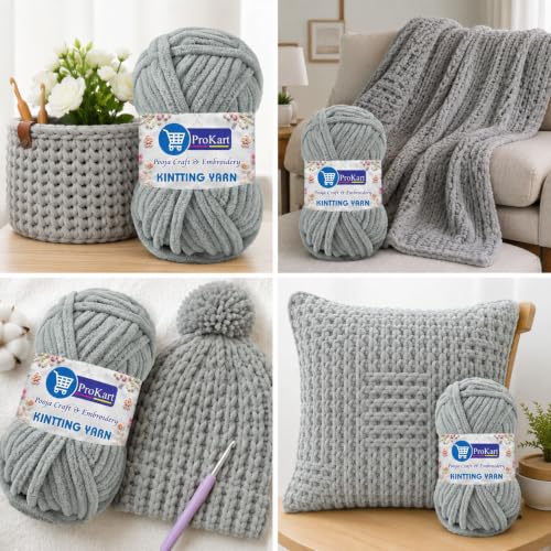 Image of ProKart Premium Blankie Wool, Plush & Cuddly, Hand Knitting Wool Ball | Blanket Thick /Mottu Yarn Ball Suitable for Hand Knitting & Crocheting for Baby, Adult, Sweaters Blankets (Grey, 100gms x 1 Pack)