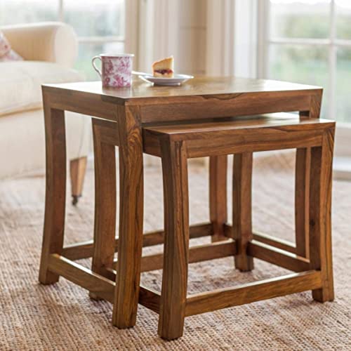 Image of Sheesham Wood Bedside Table | Nesting Table Stools for Home and Office Decor (Finish Color- Brown) -Set of 2