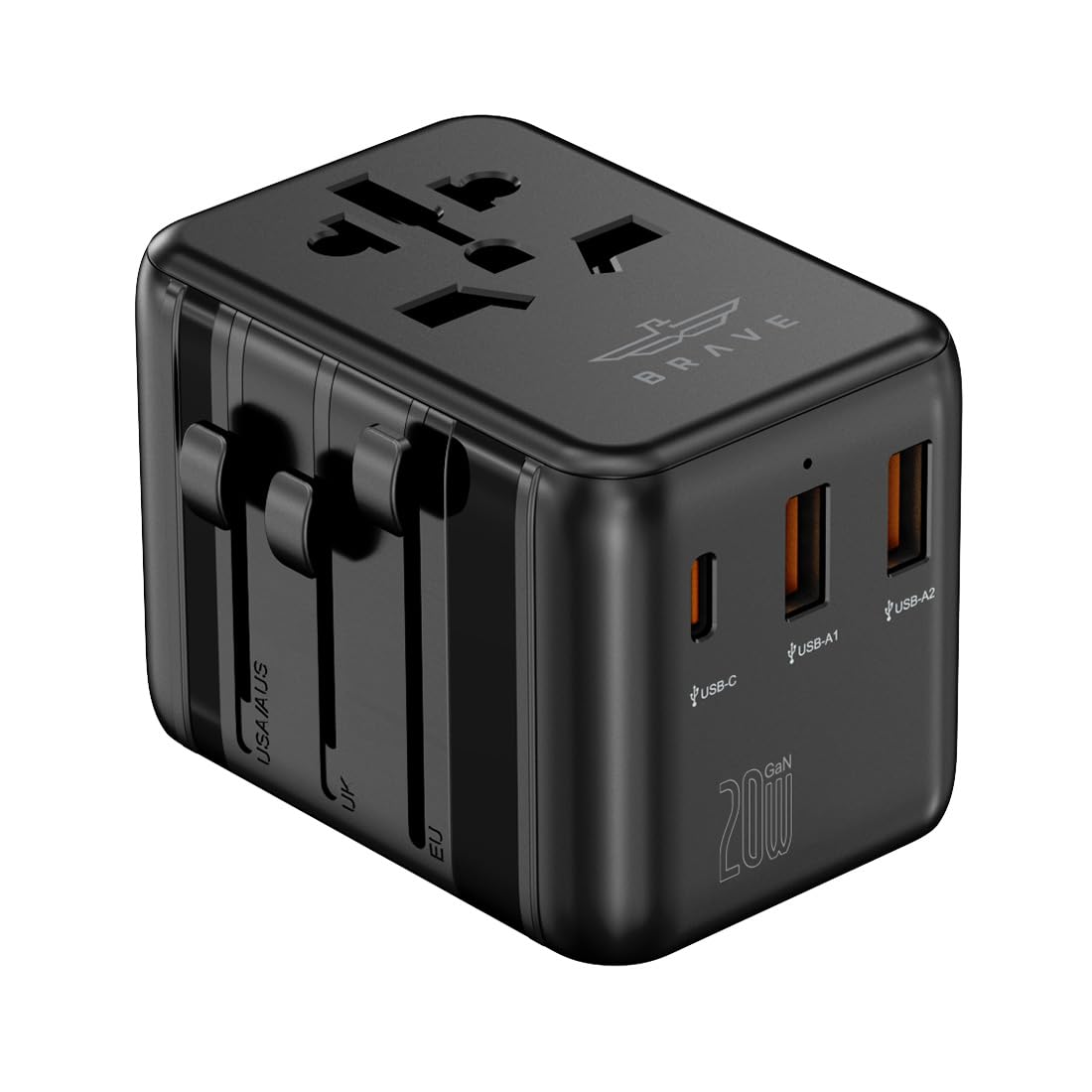 BRAVE PD 20W QC 3.0 Travel Adapter, 4 in 1 Universal Charger with 1 AC Power Converter Port Fast Charging Block, USB C & 2 USB-A Ports, Worldwide Power Plug for iPhone, Samsung, Tablets, etc – BTC-36