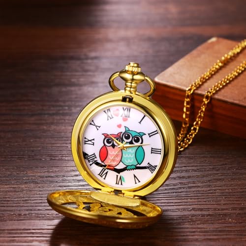 Image of Lancardo Gold Tone Pocket Watch: Vintage Owl Quartz Men Women Pocket Watch with Chain Halloween Christmas Valentines Day