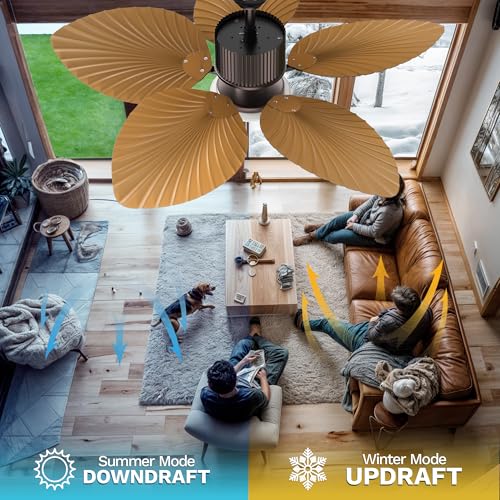 DWVO 52" Tropical Ceiling Fan with Light & Remote, LED Tri-Color Temperature, 5-Blade Ceiling Fans with 6-Speed Reversible DC Motor, Includes 6"/12" Downrods for Living Room, Bedroom, Dining Room