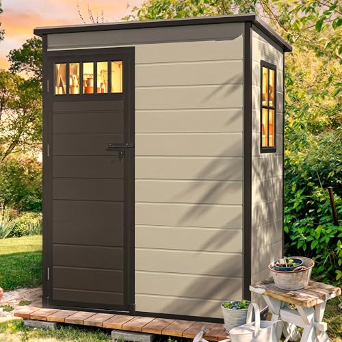 Image of DWVO 5x3FT Outdoor Storage Shed with Fence-Style and Side Windows, Floor, Lockable Doors, Plastic Storage for Backyard and Garden, Blue-Gray