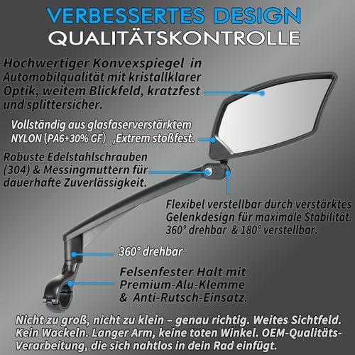 Fahrradspiegel für Lenker, BriskMore Lenkerende, Fahrradspiegel für Roller, E-Bike, kratzfeste Glaslinse, verstellbar und drehbar… – Ansicht 3