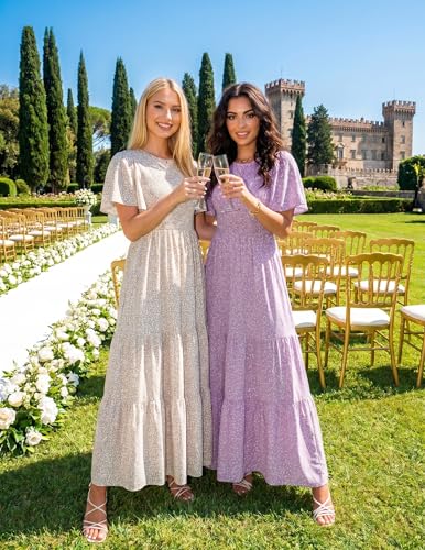 Image of ZESICA Women's 2026 Summer Boho Floral Maxi Dresses Casual Short Flutter Sleeve Smocked Tiered Flowy Dress
