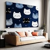 Leinwand Bilder Groß 160x80 cm, XXL Deko Schlafzimmer Aesthetic Leinwandbilder Poster - Wohnzimmer Gemälde Foto Geschenk - Moderne Kunstdruck Wanddeko - Cartoon Minimalistische Katze Kopf