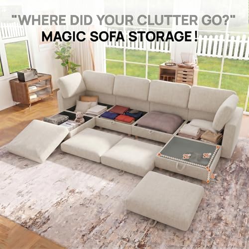Image of 99 inch Modular Sectional Sleeper Sofa, 6 Seaters Chenille Modular Sectional Sofas, Sleeper Sofa Bed with Storage & Ottoman, Sleeper Couch with Removable Covers, Beige Sectional Couches for Living Room