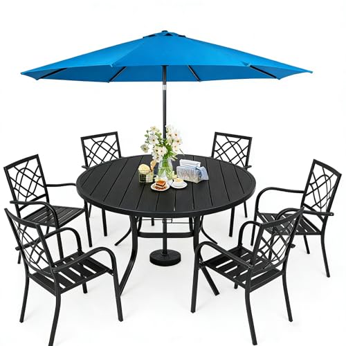 Image of SUNCROWN 8-Piece Outdoor Wrought Iron Chairs and Table Patio Dining Furniture Set-6 Stackable Metal Chairs, 1 53 inch Round Bistro Table and 1 Sky Blue 9Ft Patio Umbrella for Garden Backyard Deck