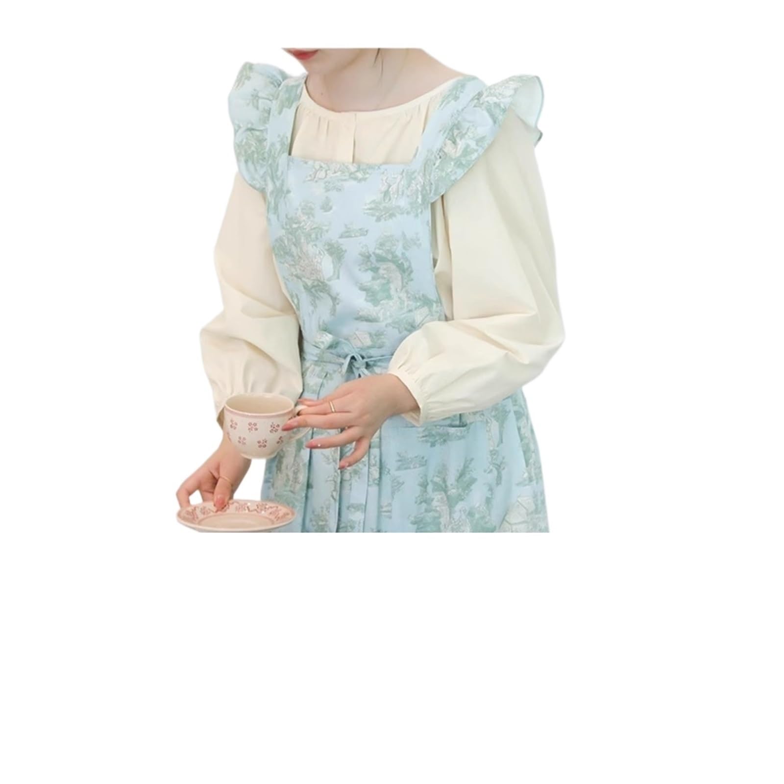 delantal Delantal de cocina con volantes y algodón resistente al agua estampado largo bolsillos for mujer, delantal espalda cruzada for cocinar, hornear jardinería