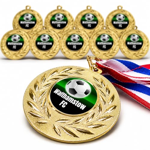 10 Pack Personalised Metal Football Medals with Ribbons 50mm Gold Soccer Medals Fully Assembled