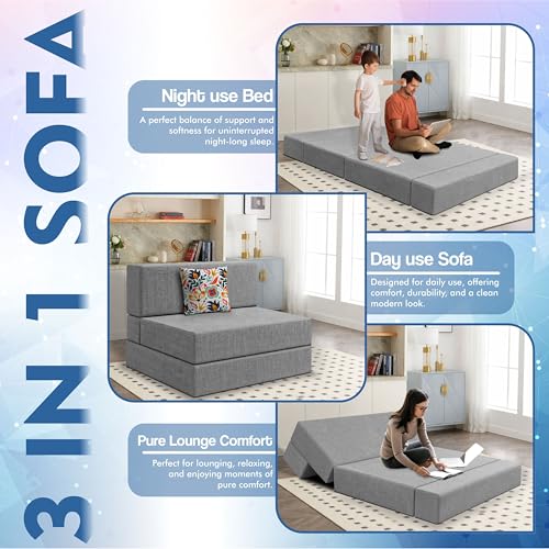 Image of Los Angeles Foldable One Seater Sofa Cum Bed, Sofa Bed 3 X 6 Feet Jute Fabric Washable Cover- Including Cushion Perfect for Living Room - Grey Color