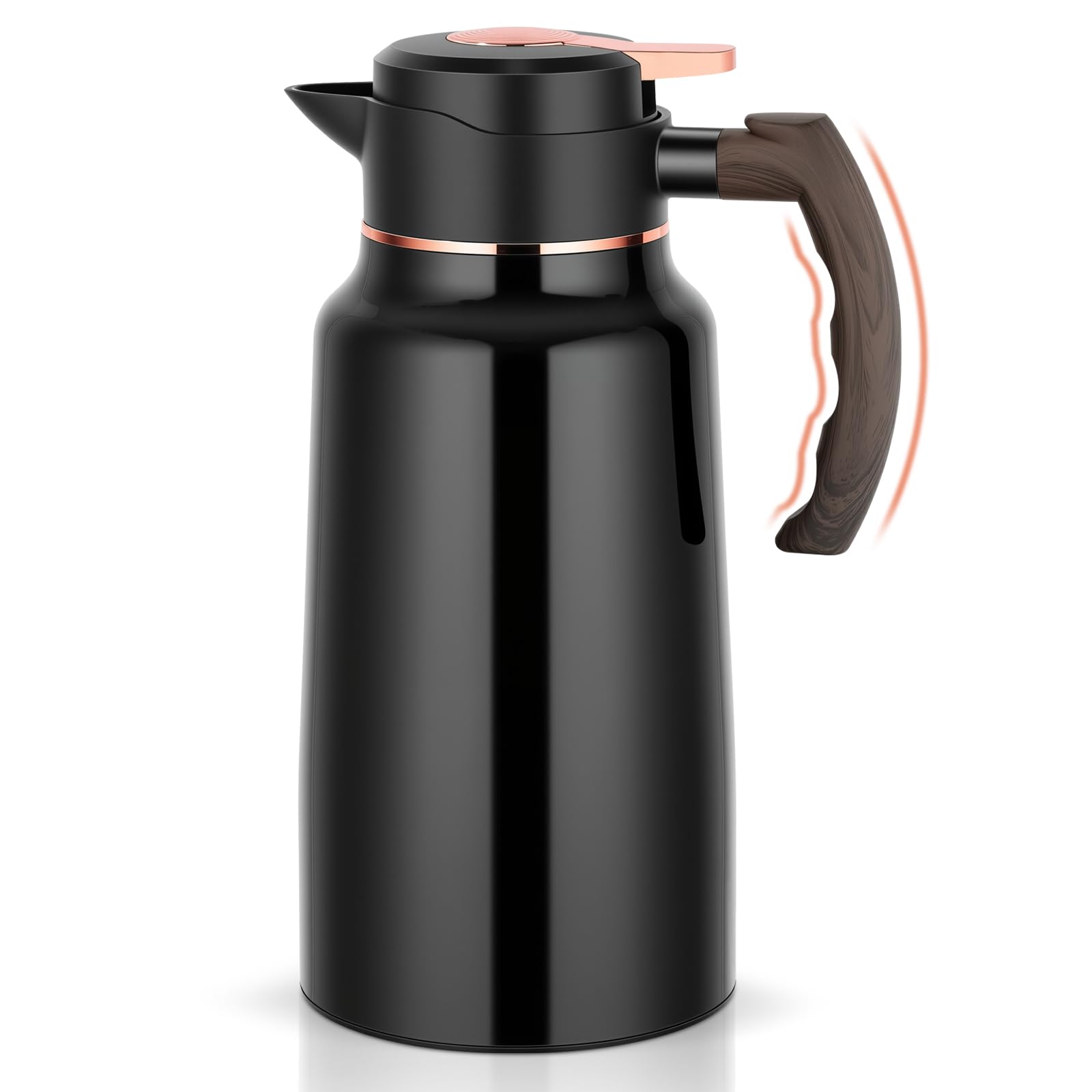 Thermoskanne, 2 Liter Doppelwandige Isolierkanne, Kaffeekanne mit Holzoptik Griff, 24 h heiß / 24 h kalt, zerlegbarer Deckel, absolut dicht, Teekanne für Kaffee, Milch, Tee, Wasser