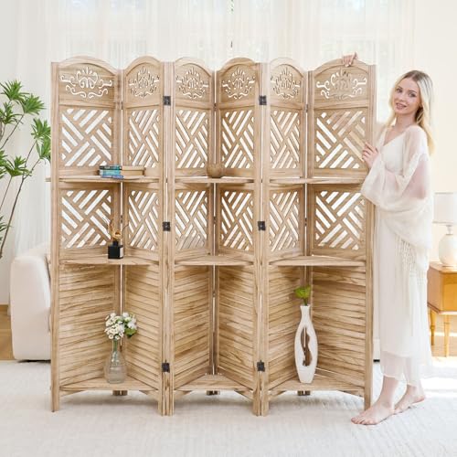 6Panels Room Divider with Shelves, Lightweight Foldable Privacy Screen, Natural Paulownia Wood Shutter Design for Living Room, Bedroom, Office - Easy Assembly & Space Saving (Natural)